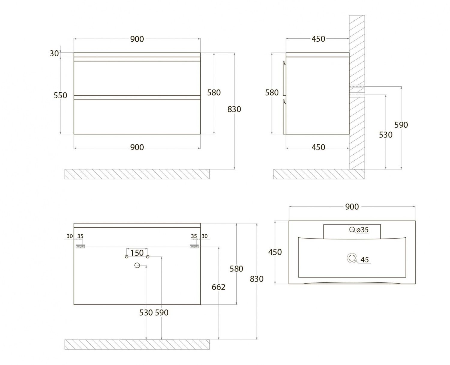 BIANCHI База под раковину подвесная с двумя выкатными ящиками, Капучино матовый AM-Bianchi-900-2C-SO-CM - 0