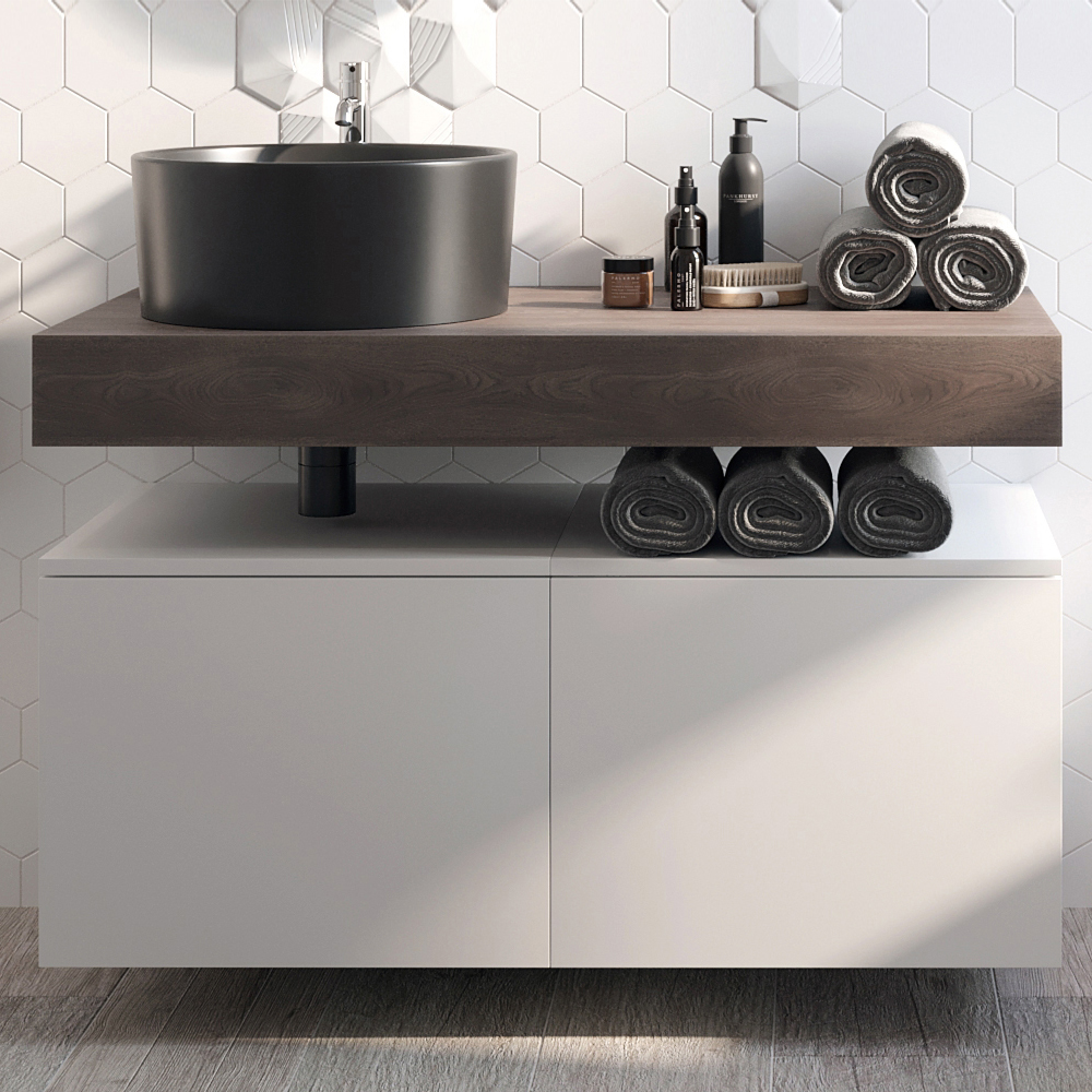 Столешница STWORKI Ольборг 100 дуб карпентер, без отверстий,  2 тумбы 50, с раковиной BOCCHI Vessel черной 485170 - 0