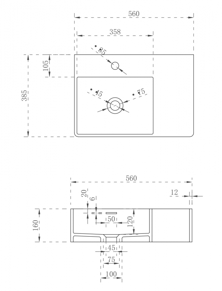 Раковина подвесная Abber Stein 56х38.5 L белый матовый AS2644 L - 3