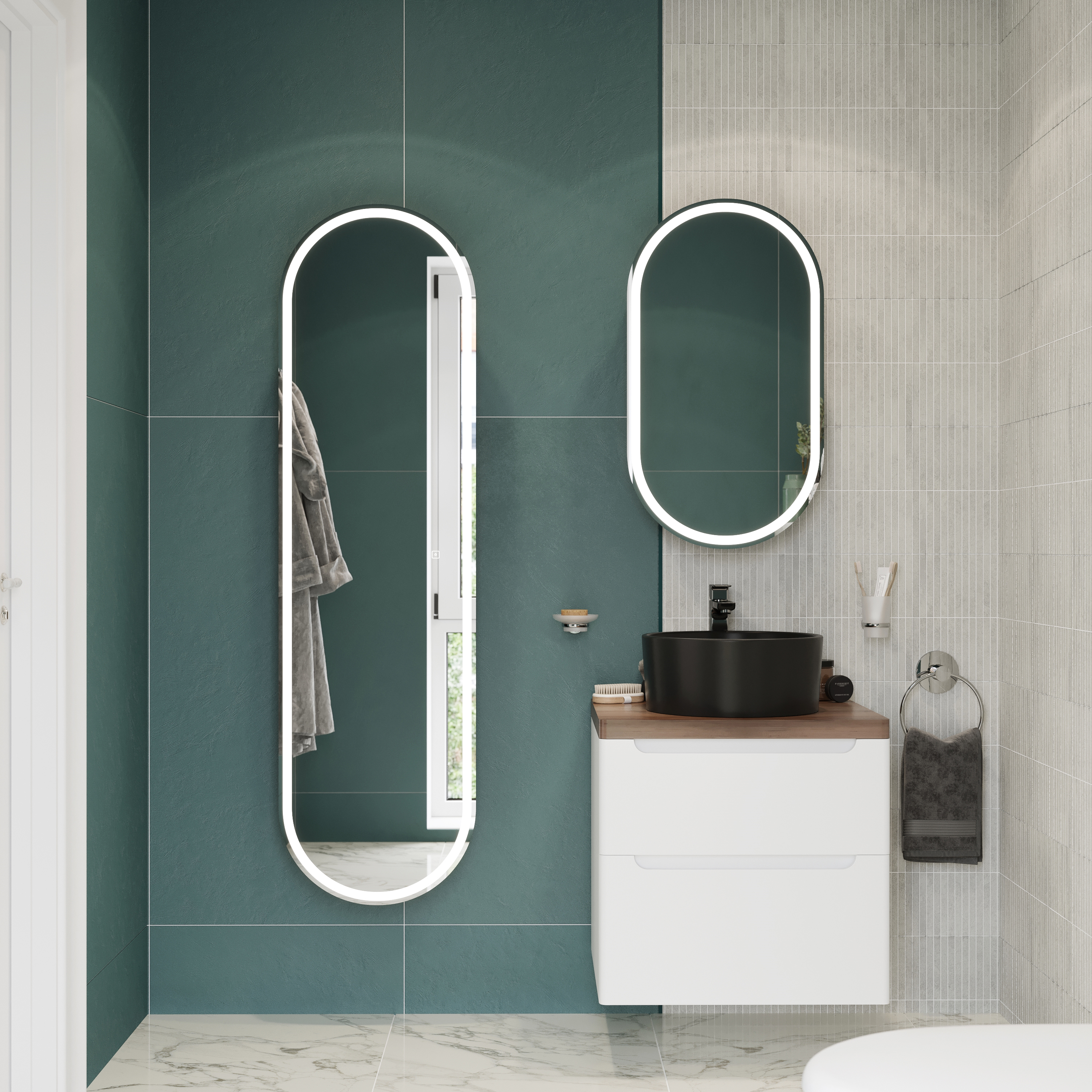 Мебель для ванной STWORKI Берген 60 белая с темной столешницей, раковина BOCCHI Vessel 1174-004-0125 черная матовая 549464 - 0