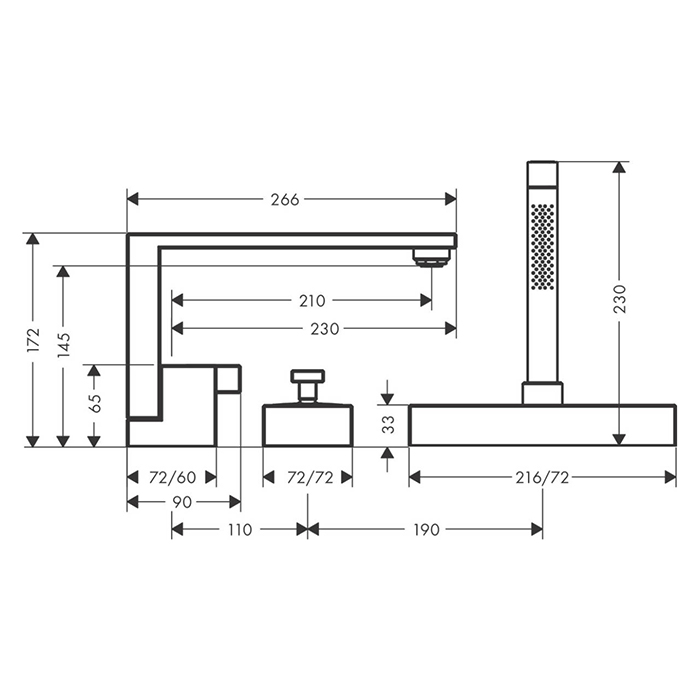 AX Edge Смеситель на борт ванны, на 3 отв., с ручн.душем, излив 210мм, цвет: хром 46430000 - 1