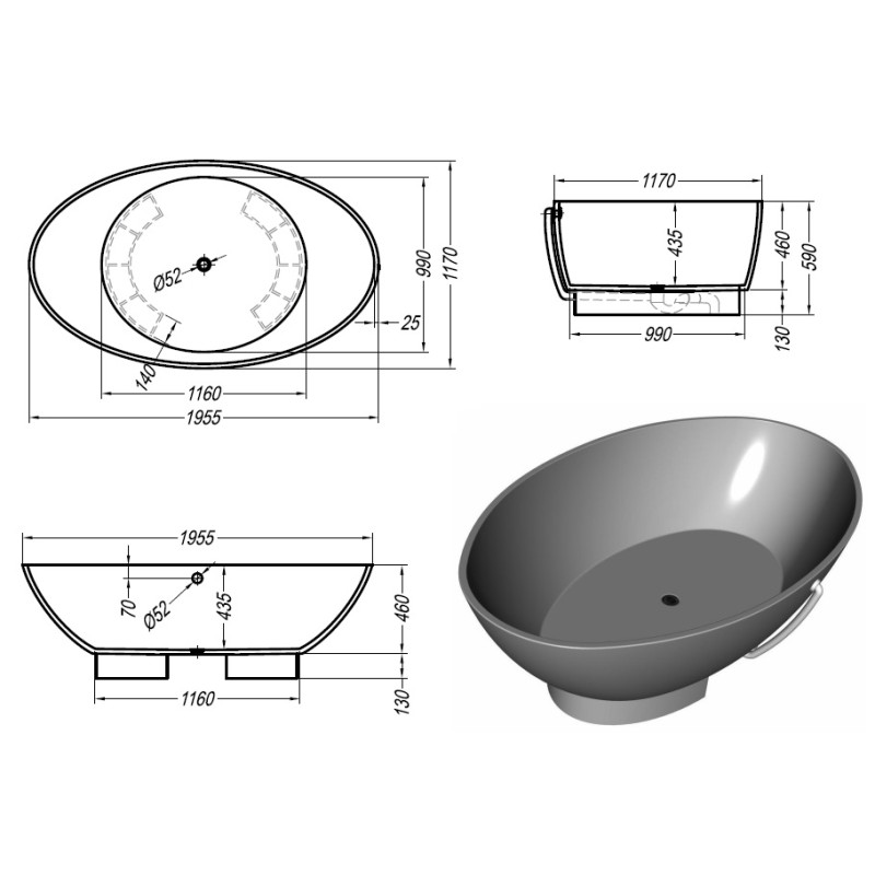Ванна из литьевого мрамора Kolpa San Tristan 196х117 черно-белая 592560 - 2