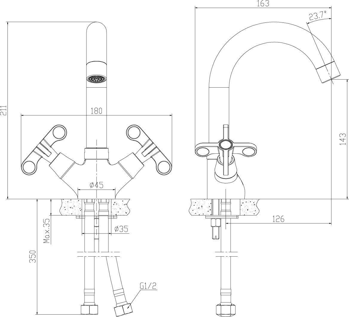 Смеситель для умывальника двуручный с поворотным изливом 143мм, хром RS42-62 - 1