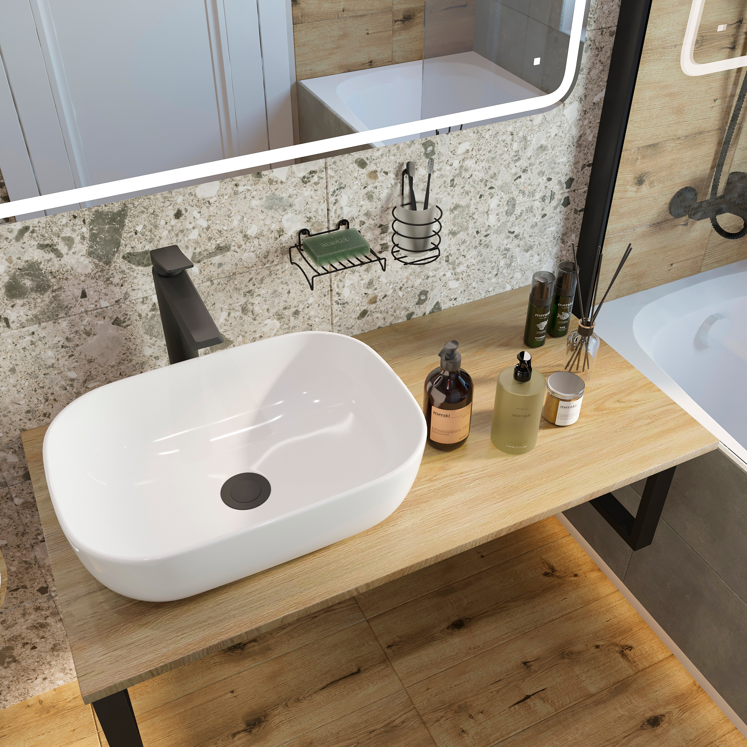 Мебель для ванной DIWO Элиста 100 светлое дерево, с раковиной Moduo 50 Square, в скандинавском стиле, овальная (гарнитур, мебель) 555416 - 2