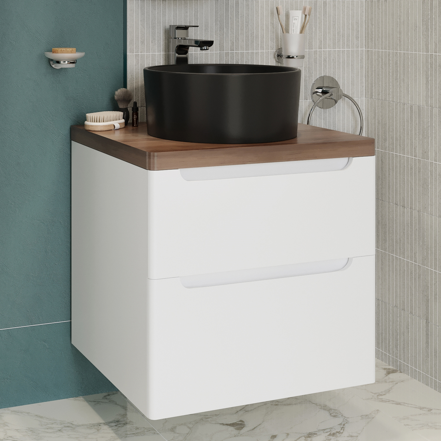 Тумба с раковиной STWORKI Берген 60 белая с темной столешницей, BOCCHI Vessel черная 549458 - 1