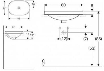 500.730.01.2 Geberit VariForm Раковина встраиваемая в столешницу эллиптической формы, 60х40 см, без отв. под смеситель, без отв. перелива - 1