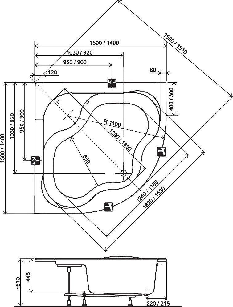 Акриловая ванна Ravak Gentiana 140x140 см  CF01000000 - 1