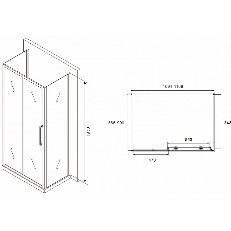 Душевой уголок Abber Schwarzer Diamant 110х90 хром стекло матовое AG30110MH-S90M-S90M - 1