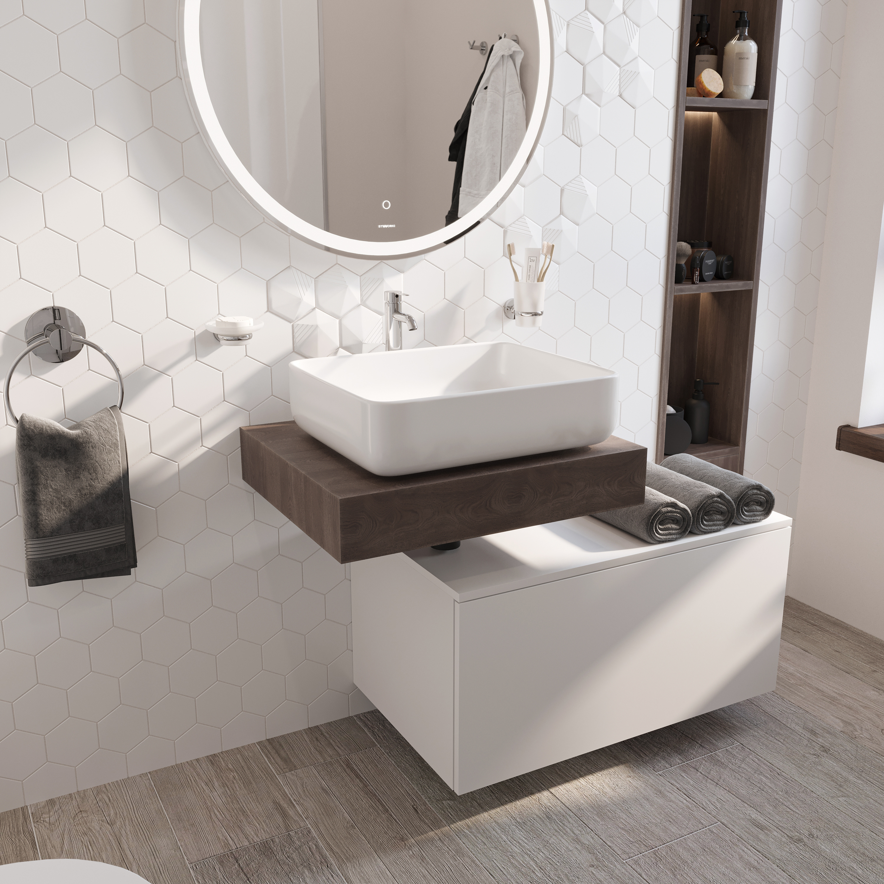 Столешница STWORKI Ольборг 60 дуб карпентер, без отверстий, с тумбой 80, с раковиной STWORKI Soul 1 белой 489275 - 3