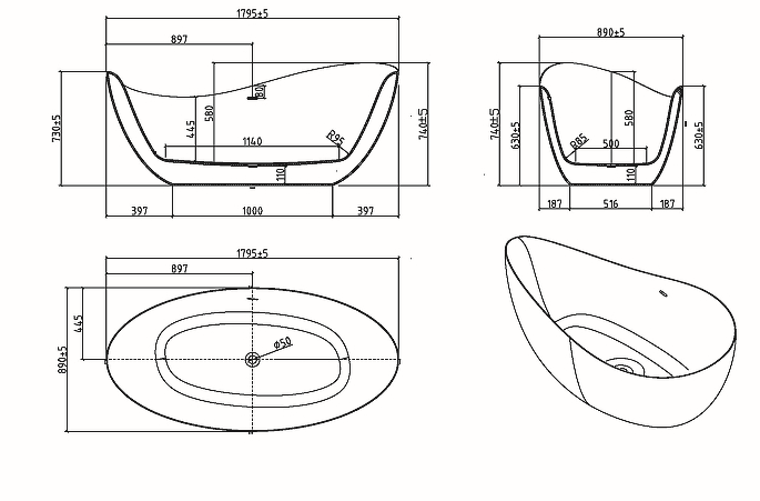 Акриловая ванна Black&White Swan 180х90 белая без гидромассажа 220SB00 - 4