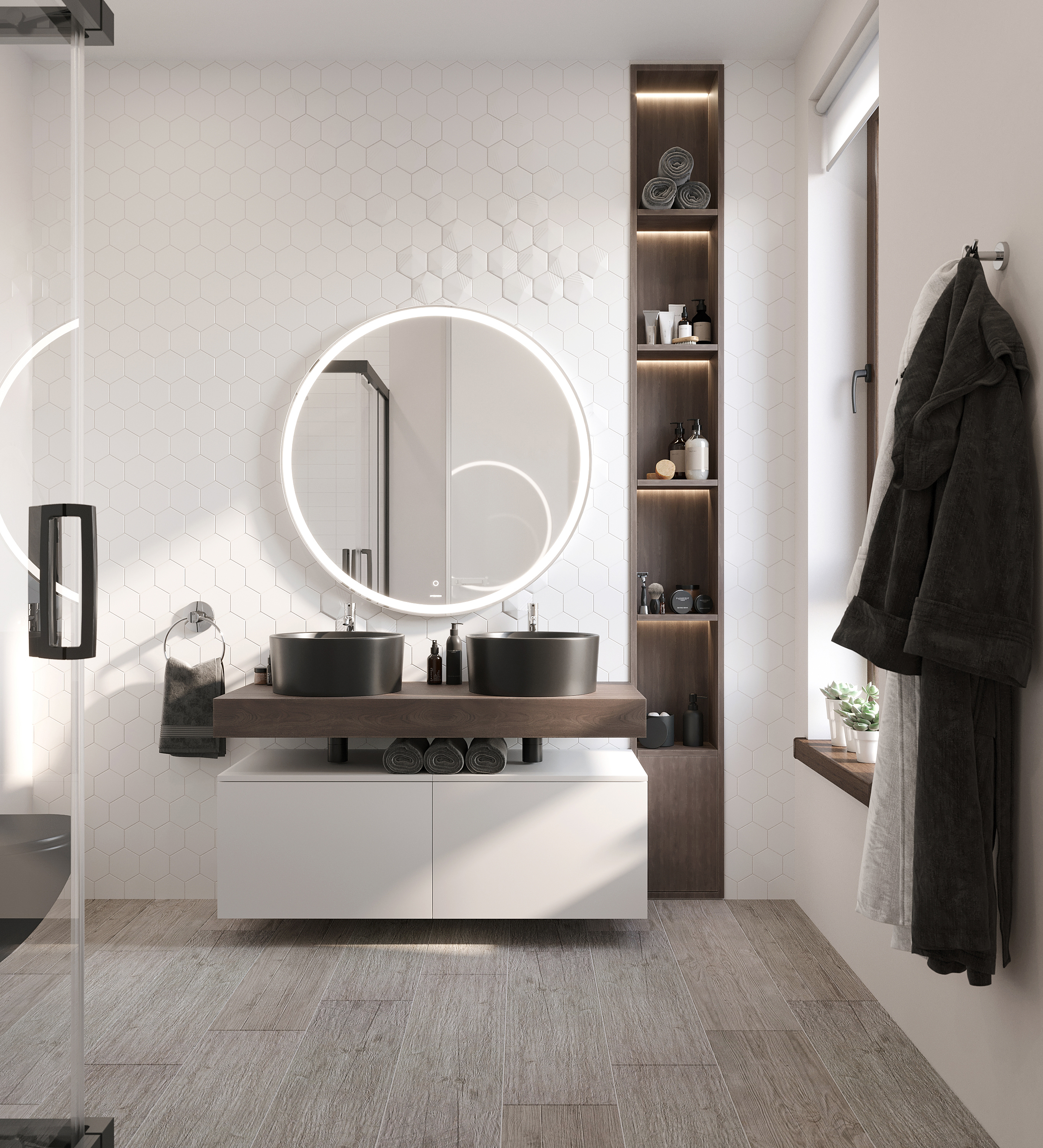 Столешница STWORKI Ольборг 120 дуб карпентер, без отверстий, 2 тумбы 60 + 2 раковины BOCCHI Vessel, черная 483387 - 1