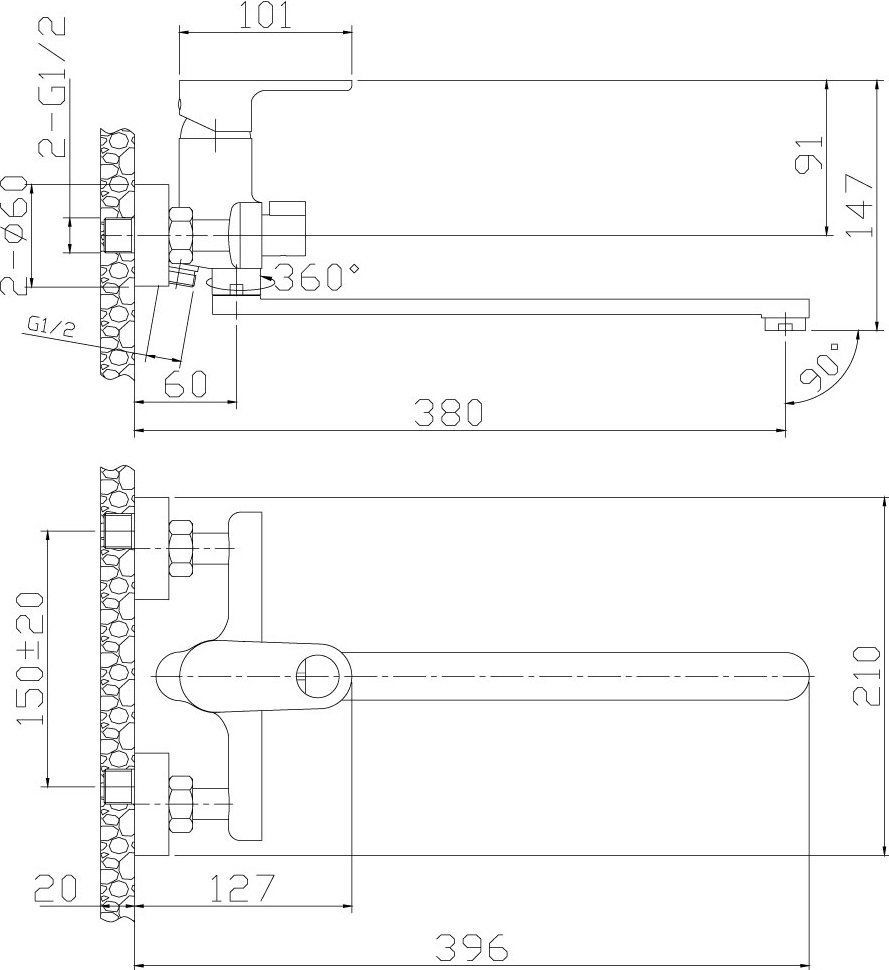 Смеситель одноручный (35мм)  универсальный с поворотным изливом 350мм, дивертор с кер.пласт., хром RS33-32 - 1