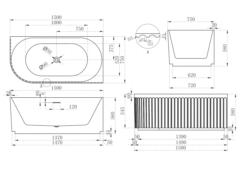 Ванна акриловая Abber 150х75 R белый матовый AB9412-1.5 R - 4