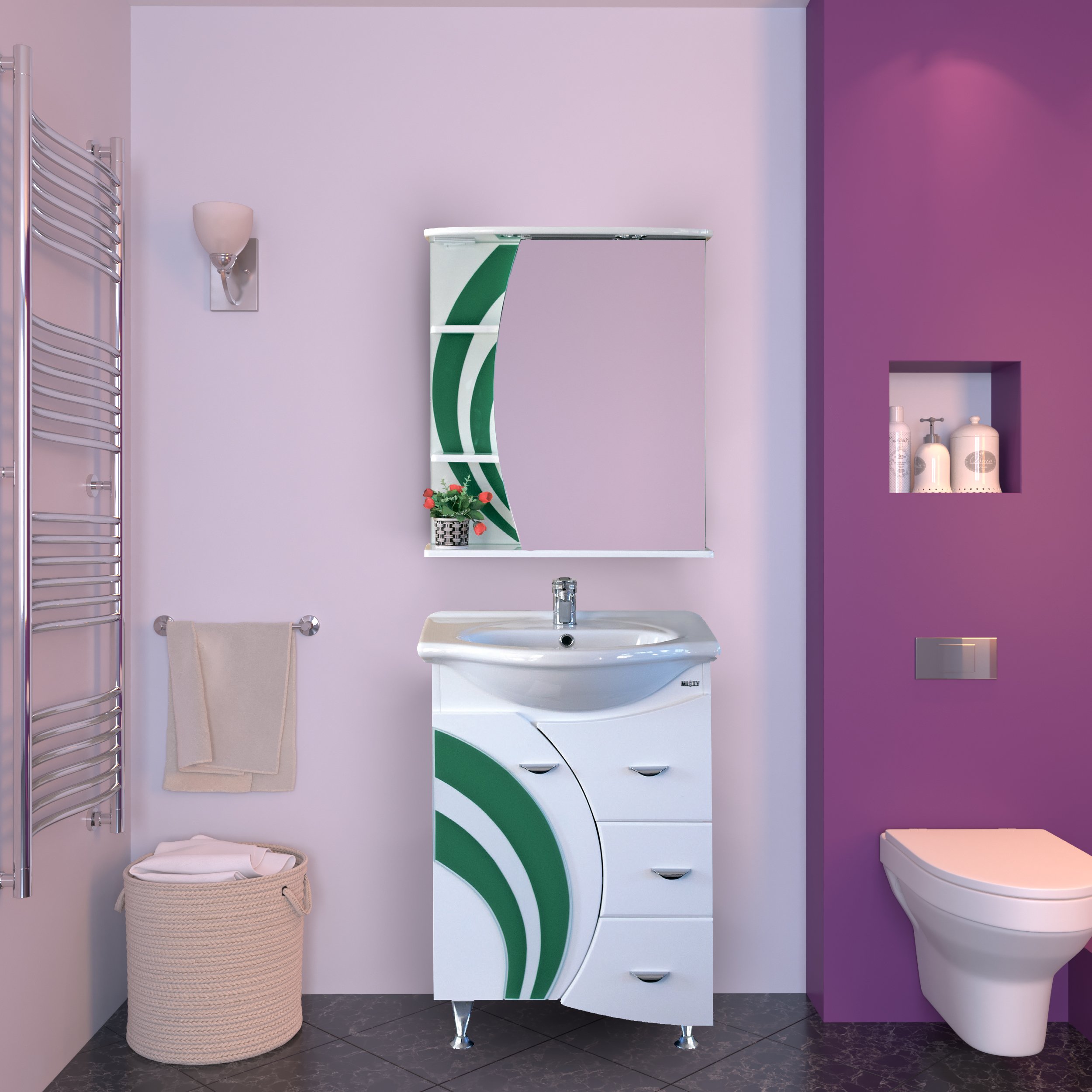 Тумба с раковиной Misty Каролина 60 3 ящика L зеленое стекло - 1