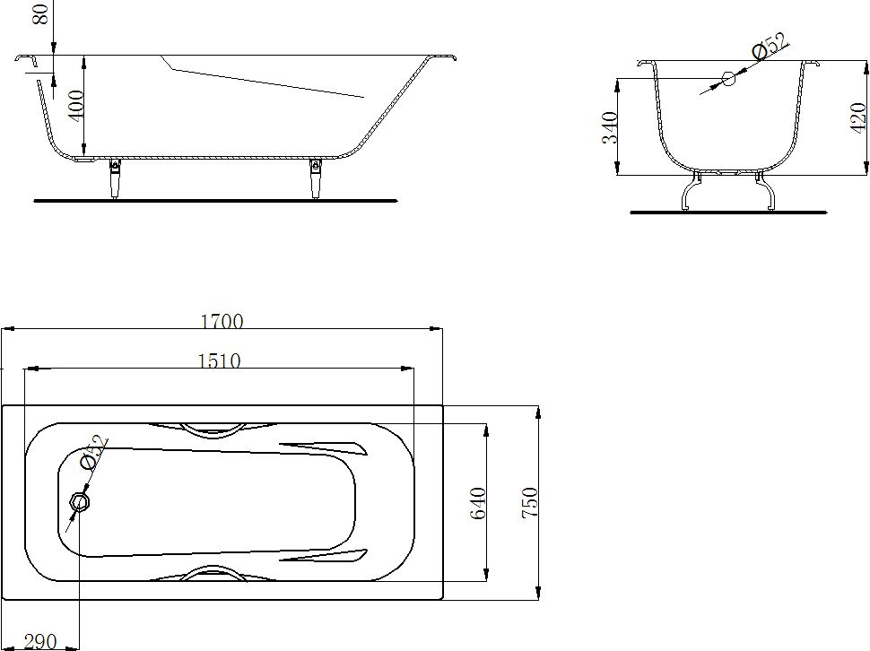 Чугунная ванна Byon B15 170x75 с ручками  V0000221 - 1