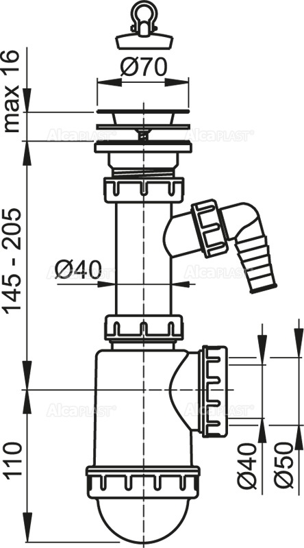 Сифон для мойки  A441P с нерж. решеткой и подводкой A441P-DN50/40 - 1