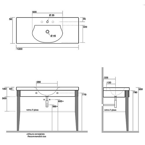 KERASAN Bentley Полка стеклянная для раковины с ножками 120х50 см 9188 - 2