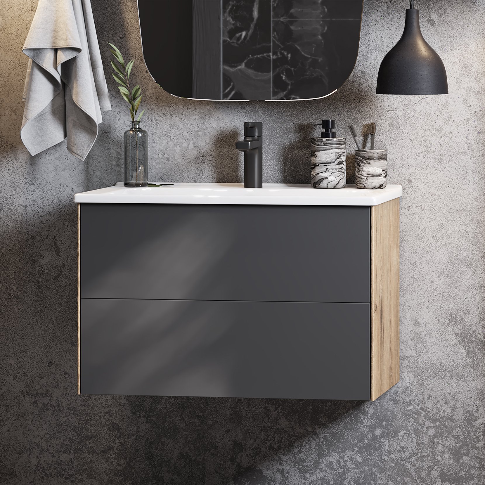 Комплект мебели Aquaton Сохо 75 серый-светлое дерево - 1