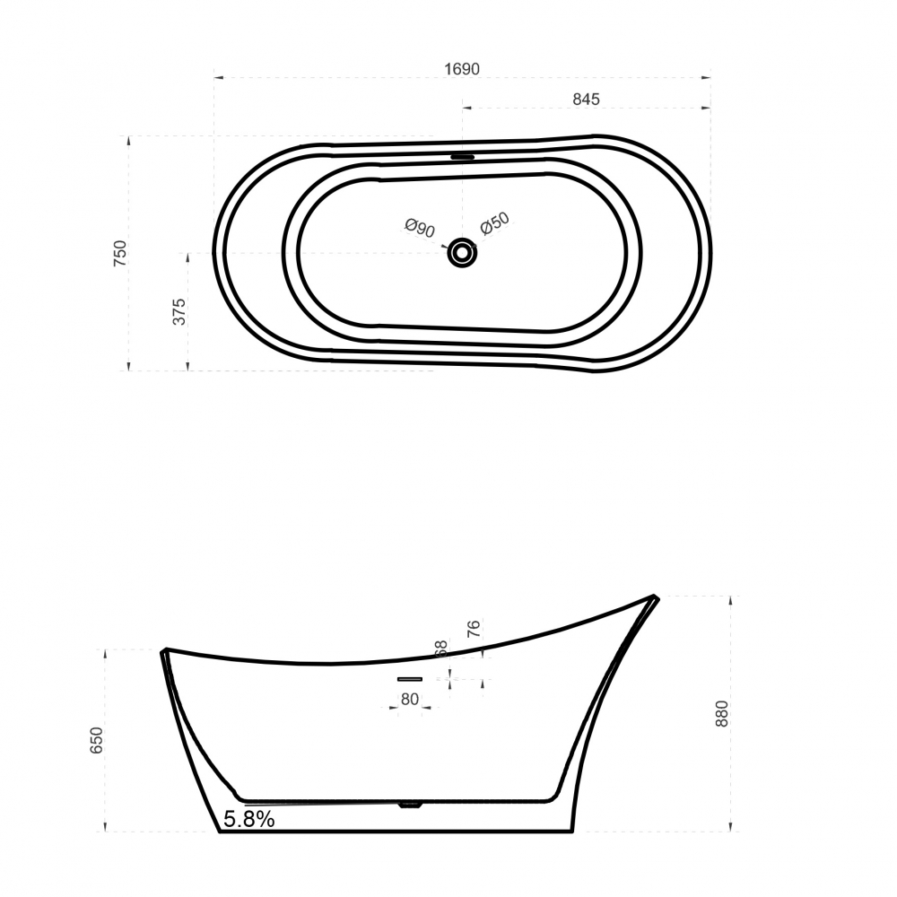 Ванна из искусственного камня Abber Stein 169х75 белый матовый AS9618 - 3