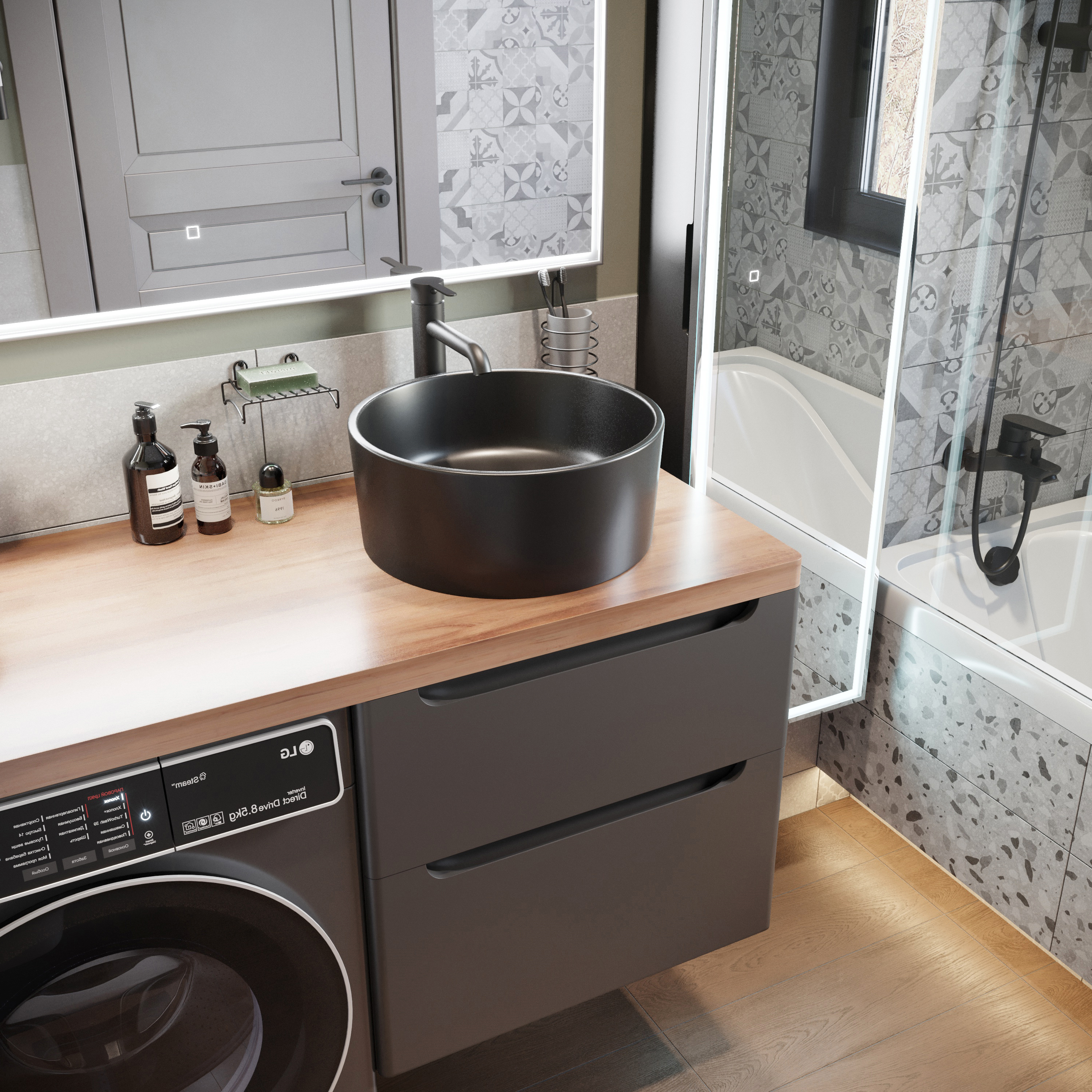 Тумба с раковиной STWORKI Берген 60 серая с темной столешницей 122, BOCCHI Vessel черная, L 549640 - 4