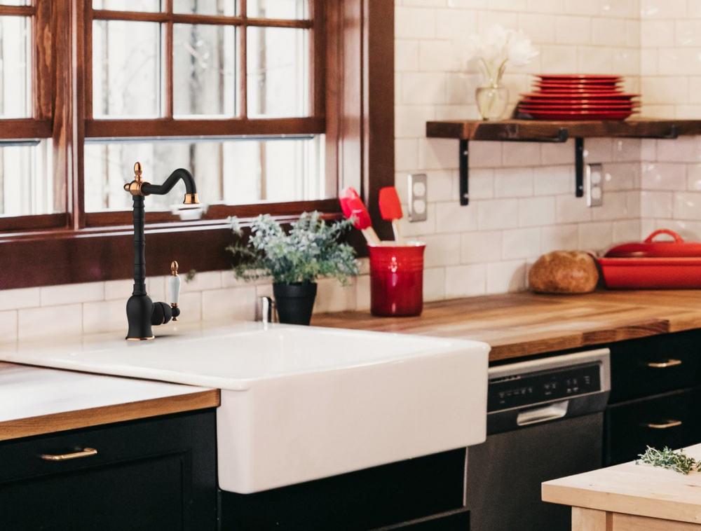 Смеситель для кухни GPD Retro черный матовый - розовое золото MTE180-S-R - 1