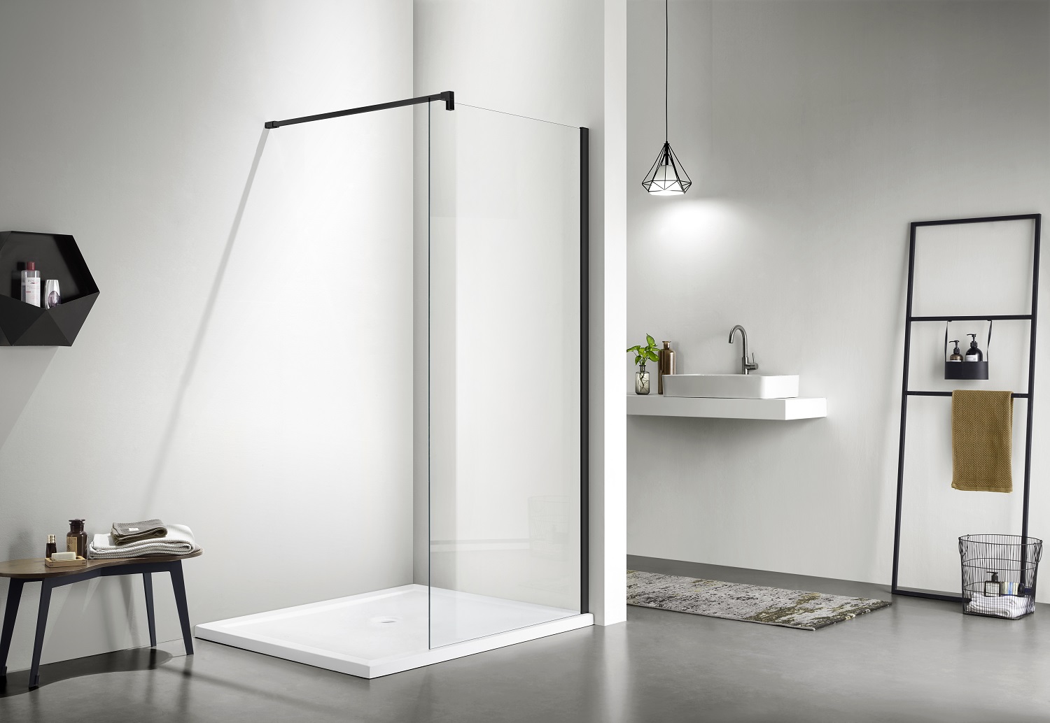 AQ WIW 12020BL Душевая перегородка Walk in с держателем 1200x2000 профиль черный, стекло прозрачное - 1