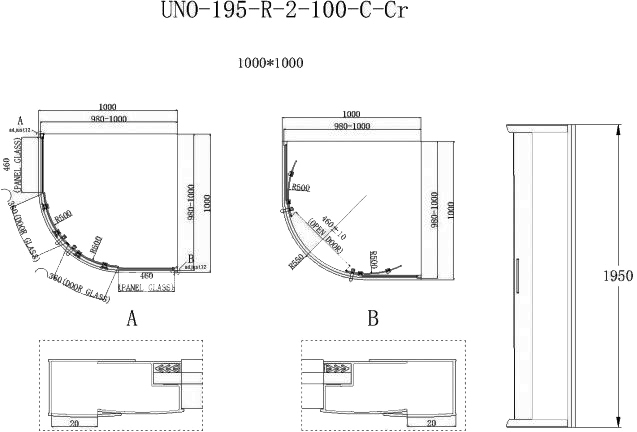 Душевой уголок BelBagno Uno 195 R 2 100 C Cr UNO-195-R-2-100-C-Cr - 2