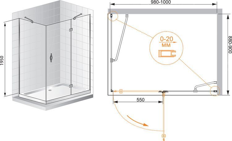 Душевой уголок Cezares Bergamo AH1 100/90 C Cr R BERGAMO-W-AH-1-100/90-C-Cr-R - 5