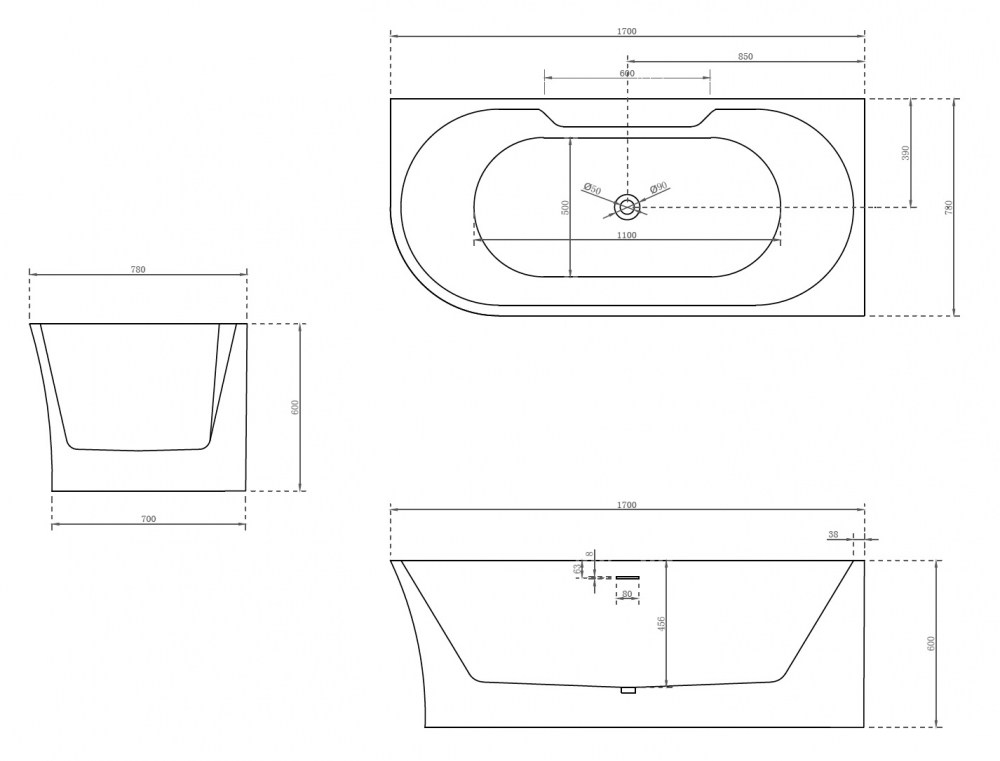 Акриловая ванна Abber 170x78, правая  AB9335-1.7 R - 3