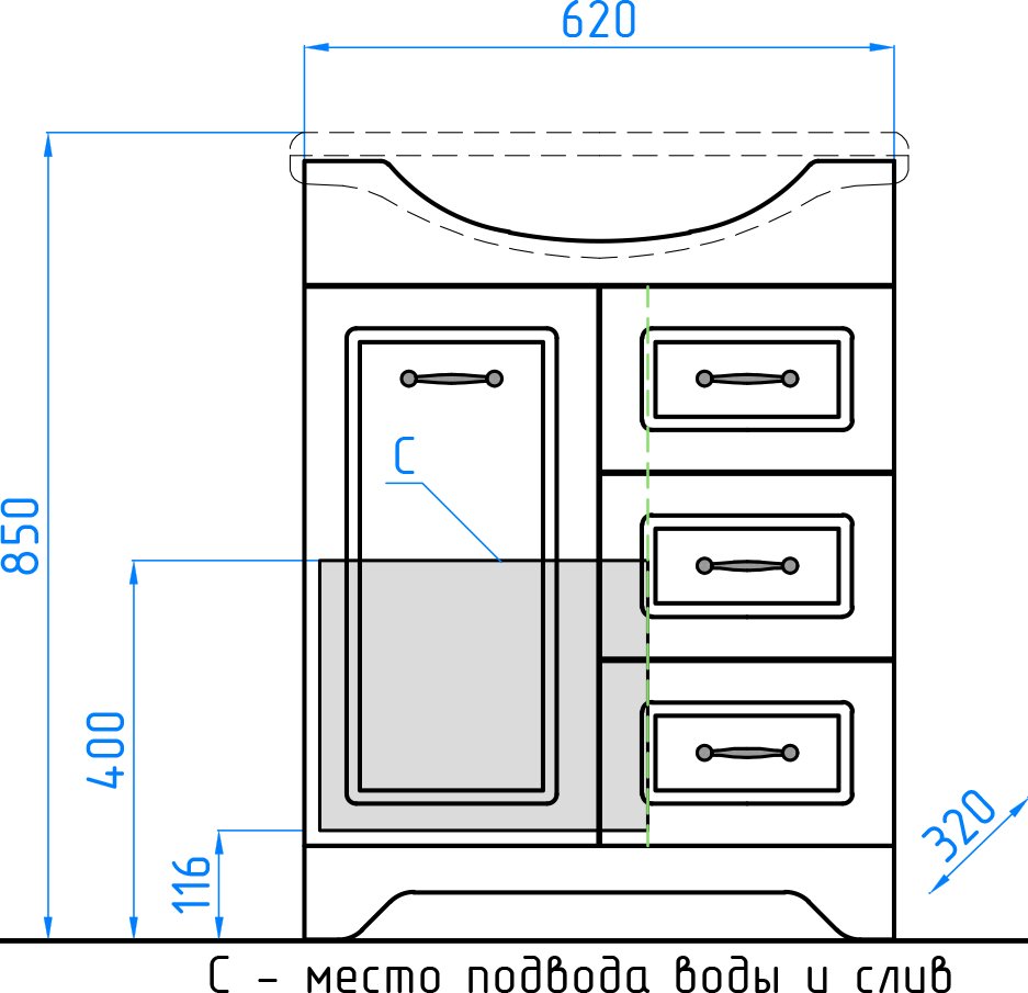 Тумба с раковиной Style Line Олеандр-2 65 Люкс 3 ящика, белая - 10
