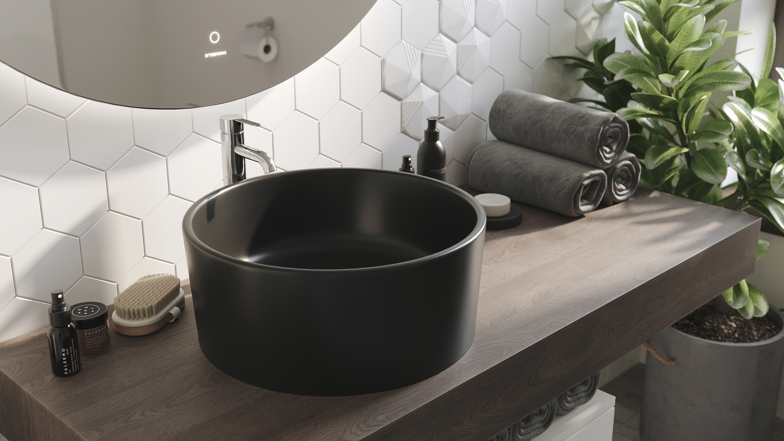 Мебель для ванной STWORKI Ольборг 120 столешница дуб карпентер, без отверстий, с тумбой 80, с раковиной BOCCHI Vessel черной 481991 - 6