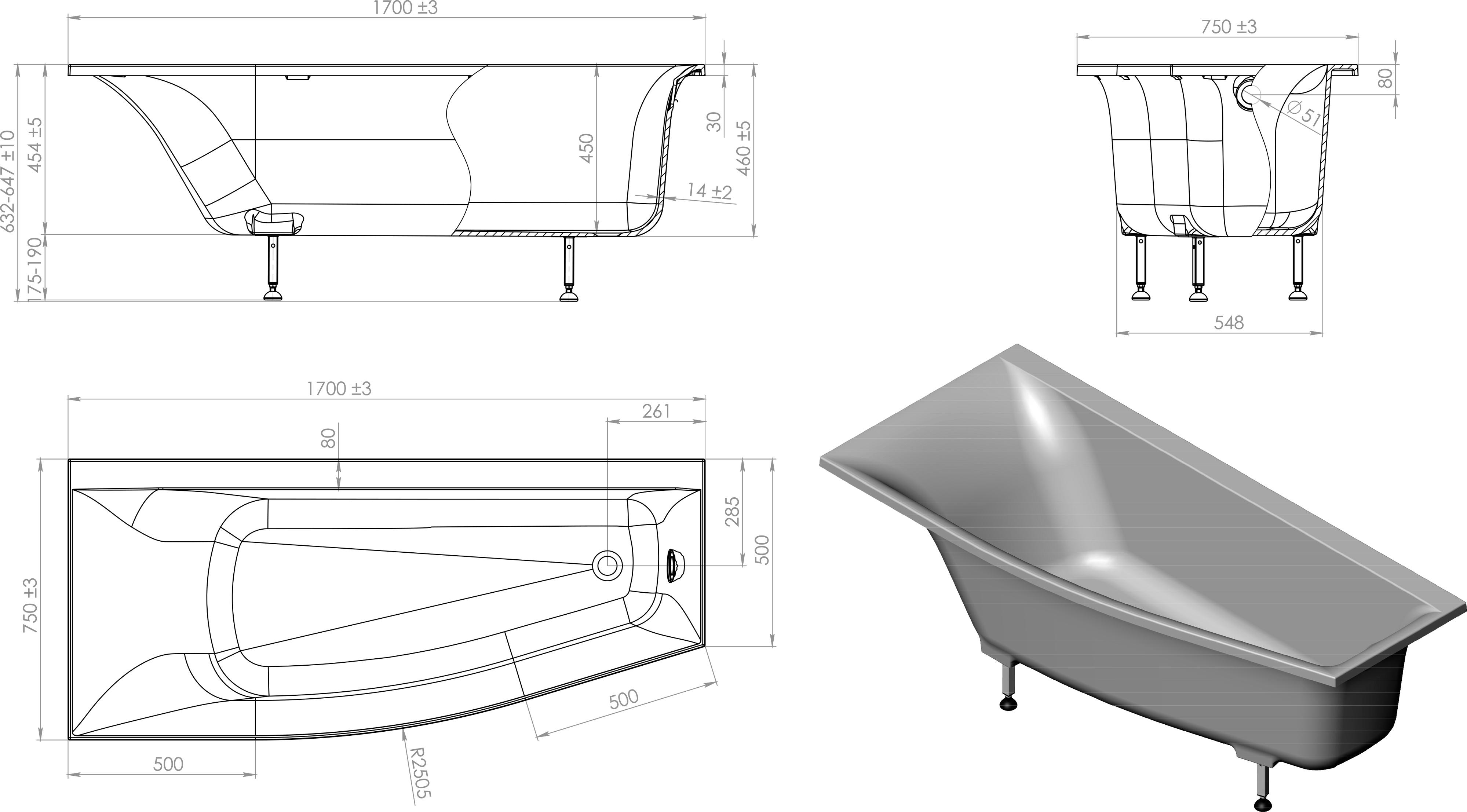 Ванна из искусственного камня Астра-Форм Скат 170x75, левая 01010014 - 6