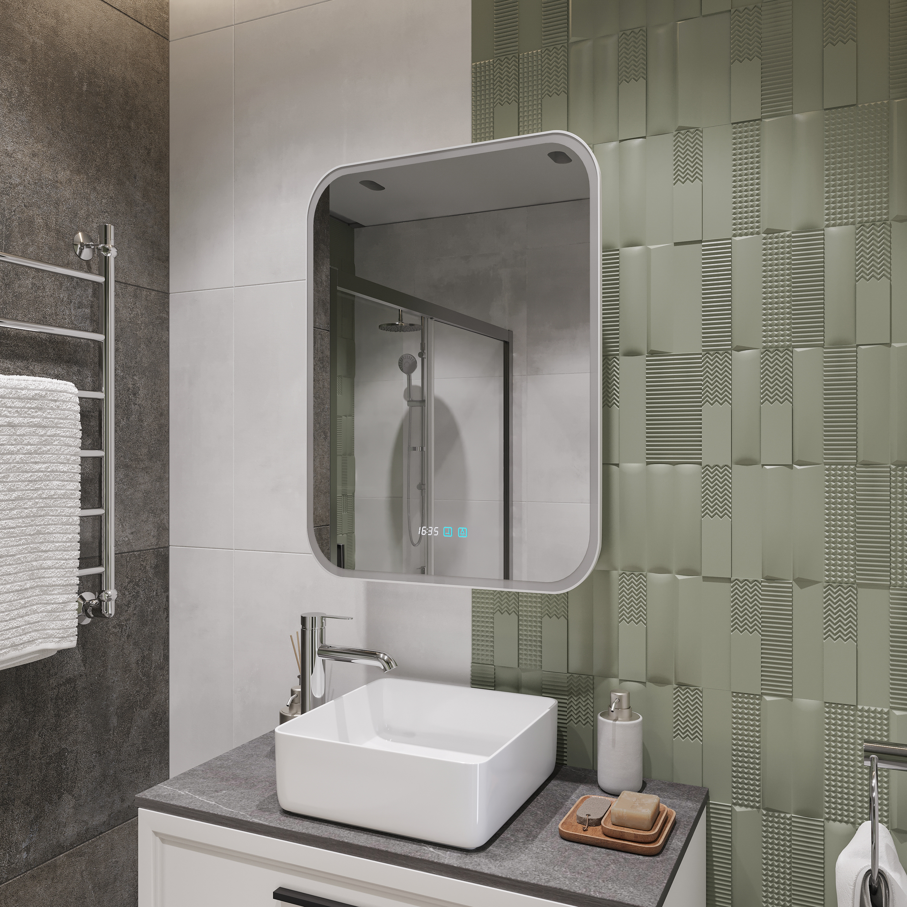 Зеркало-шкаф STWORKI Алта 60 см, с LED подсветкой и часами, смарт, прямоугольное, сенсорное управление LED-00002579 - 6