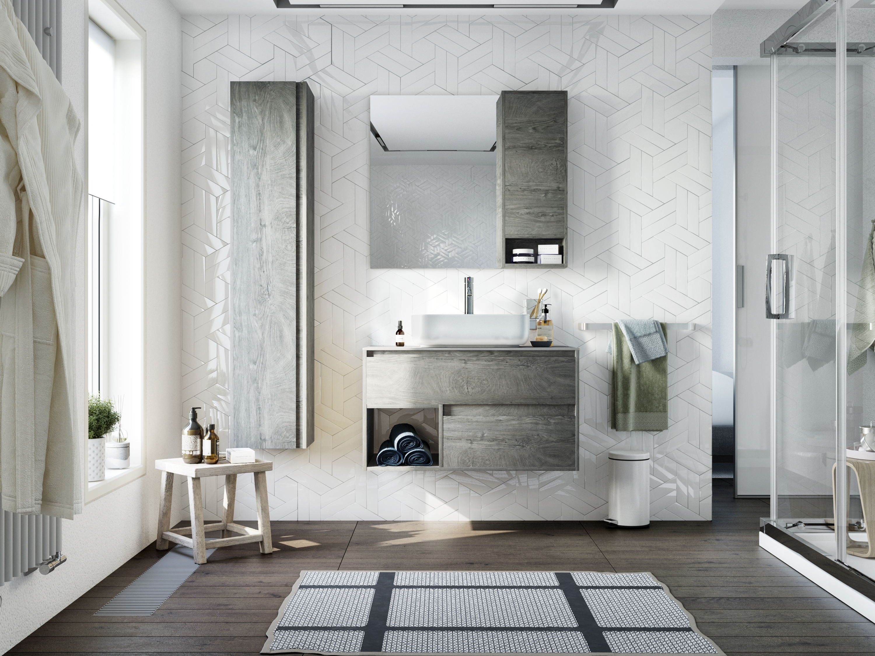 Мебель для ванной STWORKI Карлстад 90 дуб рошелье, монте тиберио, в стиле лофт, серая, подвесная (комплект, гарнитур) 425502 - 1