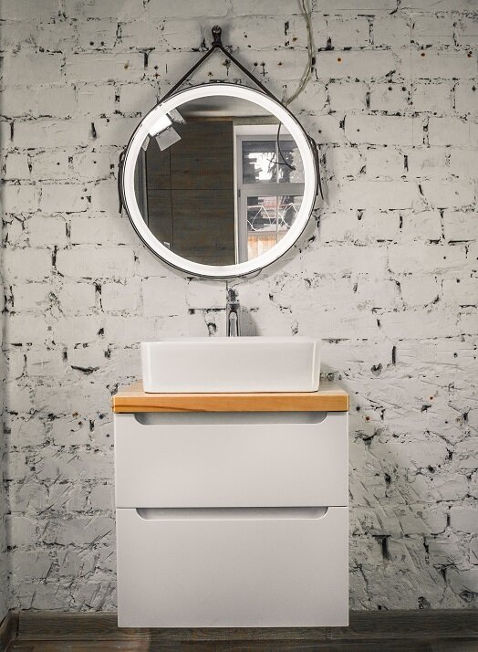 Зеркало круглое Jorno Wood 50, с подсветкой, кожаный ремень Wood.02.50/ТК - 1