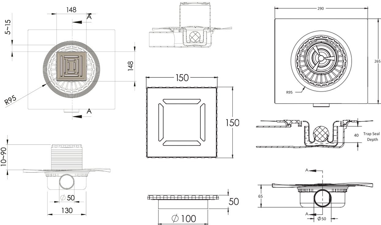 Душевой трап Berges Wasserhaus Zentrum Uno 15x15 см 090372 - 5