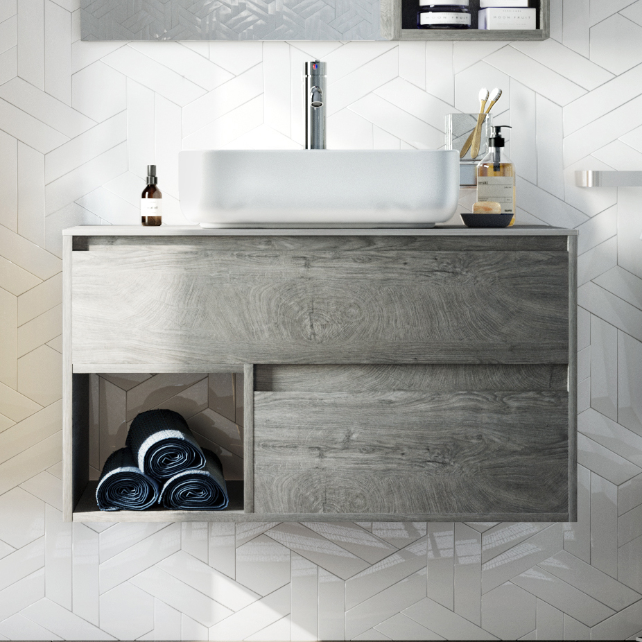 Мебель для ванной STWORKI Карлстад 90 дуб рошелье, монте тиберио, в стиле лофт, серая, подвесная (комплект, гарнитур) 425502 - 5