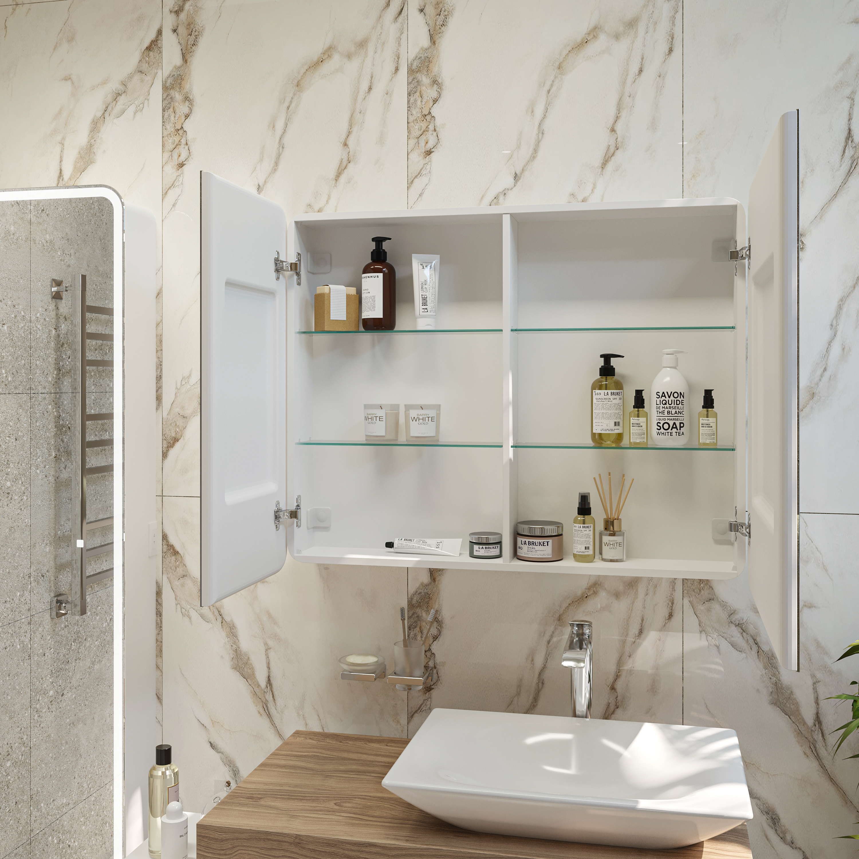 Зеркало-шкаф STWORKI Ольборг МВК080 100, с подсветкой, навесное, белое, большое, в стиле лофт, с розеткой - 8