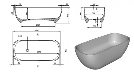 Ванна из литьевого мрамора Kolpa San Gloria 180х80 черно-белая 592550 - 2