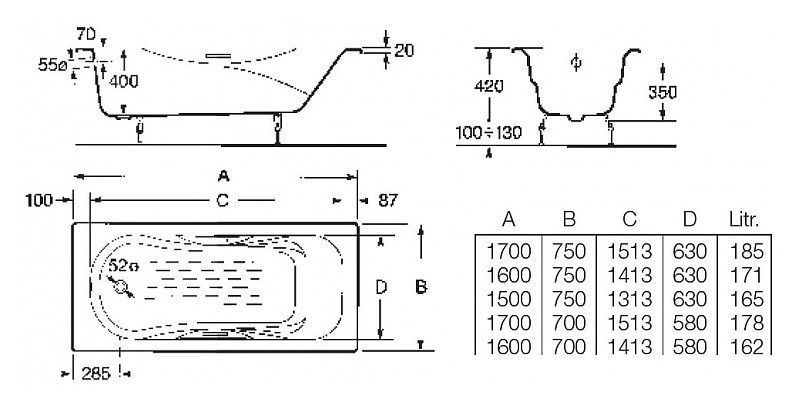 Чугунная ванна Roca Malibu 170x70 см  2333G0000 - 10