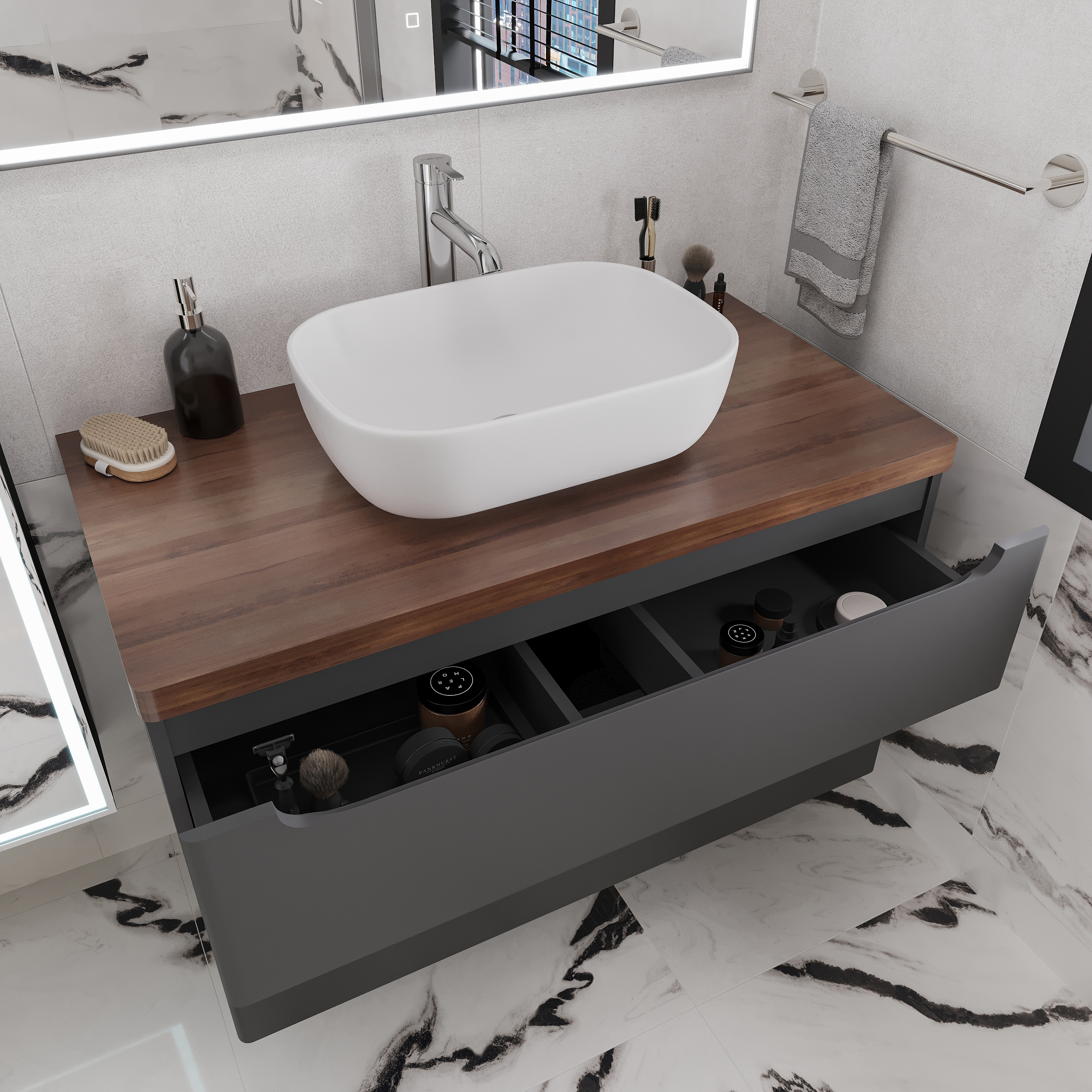 Тумба с раковиной STWORKI Берген 100 серая с темной столешницей, Moduo 50 Square 549582 - 2