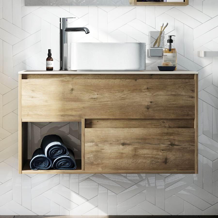 Тумба с раковиной STWORKI Карлстад 90 дуб рустикальный, простоун беж, с отверстием для смесителя в столешнице 425505 - 0