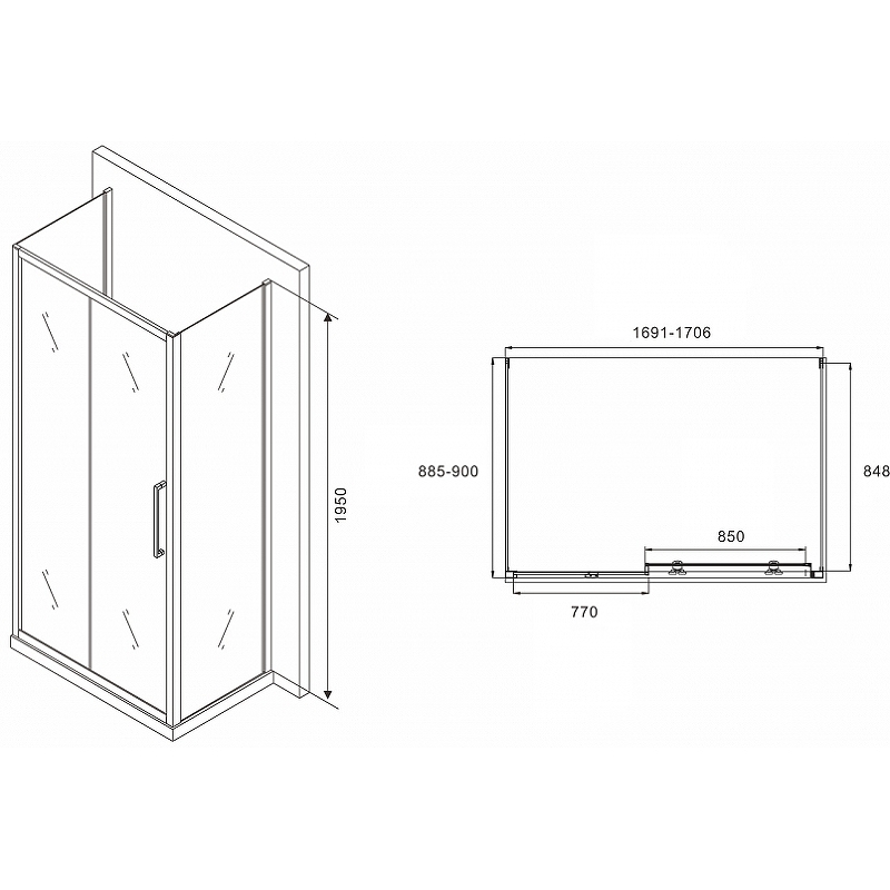 Душевой уголок Abber Schwarzer Diamant 170х90 хром стекло матовое AG30170MH-S90M-S90M - 1
