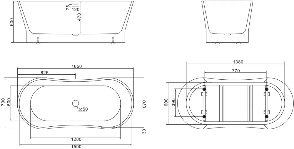 Акриловая ванна BELBAGNO 165х70 белый  BB406-1650-730 - 3