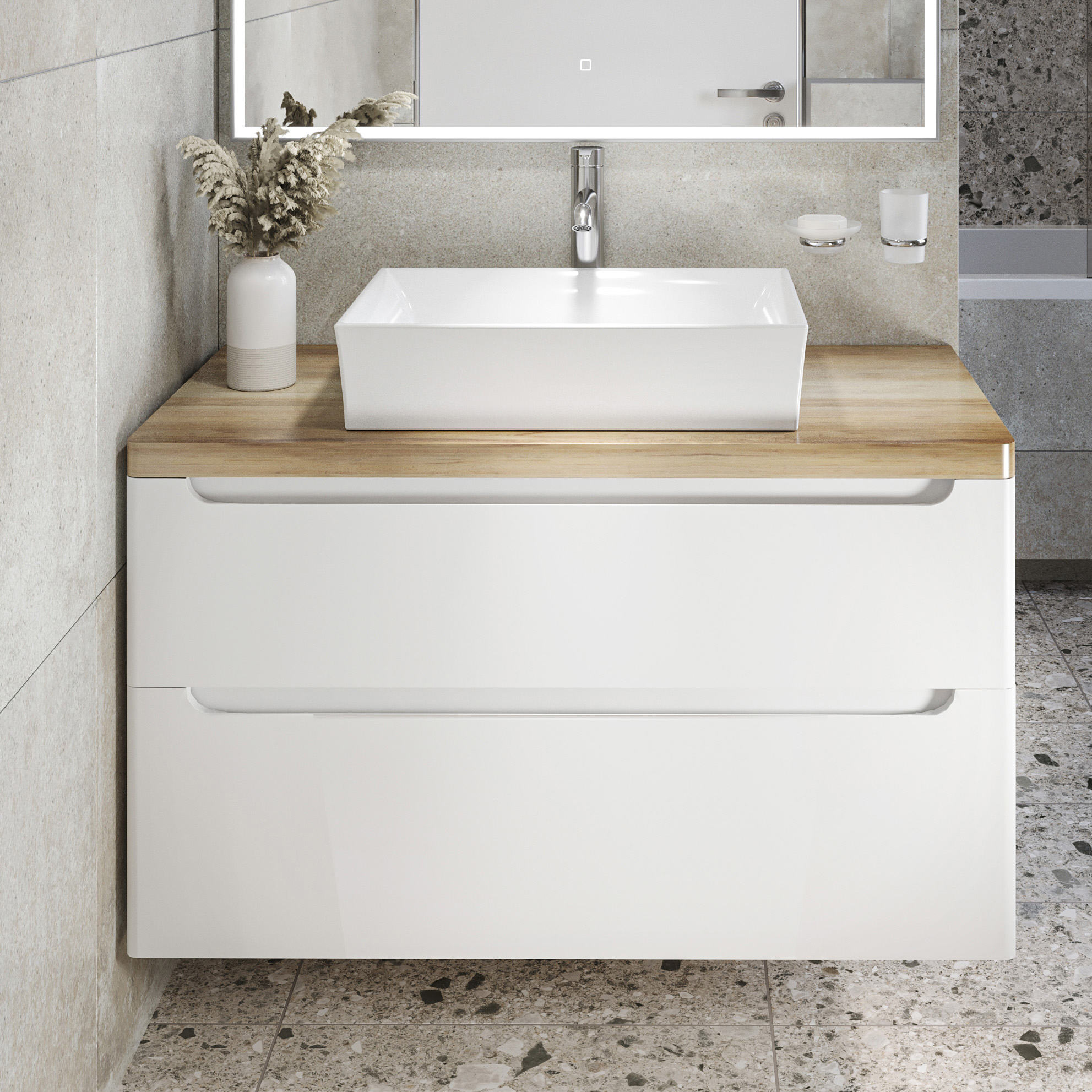 Тумба с раковиной STWORKI Берген 100 белая со светлой столешницей, раковина Bocchi Vessel 1172-061-0125 566606 - 0