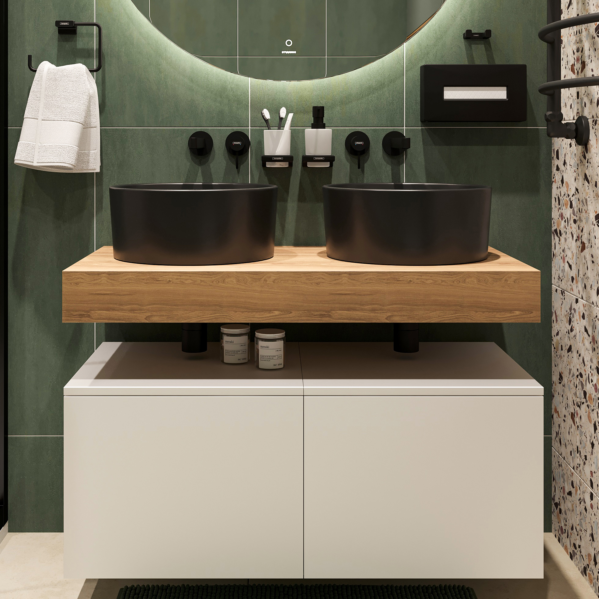 Столешница STWORKI Ольборг 100 дуб французский, без отверстий,  2 тумбы 50 + 2 раковины BOCCHI Vessel, черные 490009 - 0