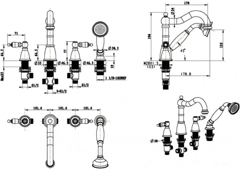 Смеситель на борт ванны Boheme Tradizionale золото с прозрачным кристаллом Swarovski 395-SW - 2