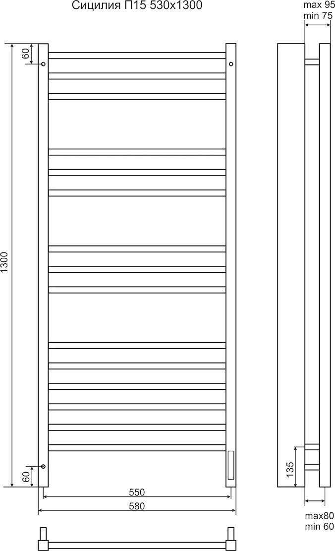 Электрический полотенцесушитель Terminus Сицилия П15 500x1300 Хром 4670078526304 - 2