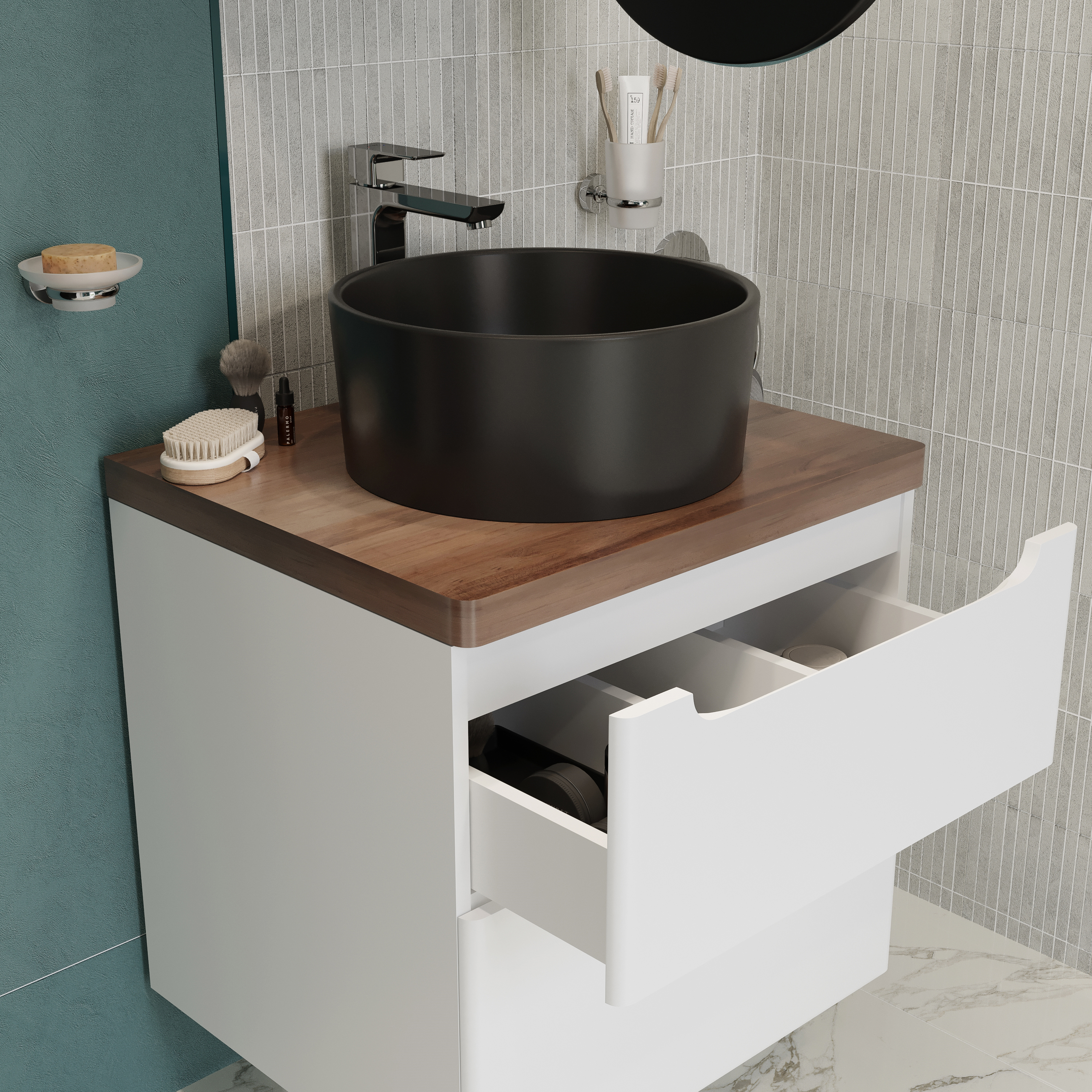 Тумба с раковиной STWORKI Берген 60 белая с темной столешницей, BOCCHI Vessel черная 549458 - 6