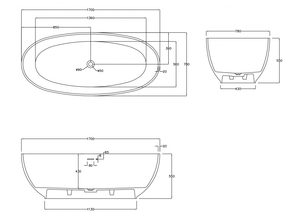 Ванна из искусственного камня ABBER Stein AS9641-1.7 белая матовая - 6